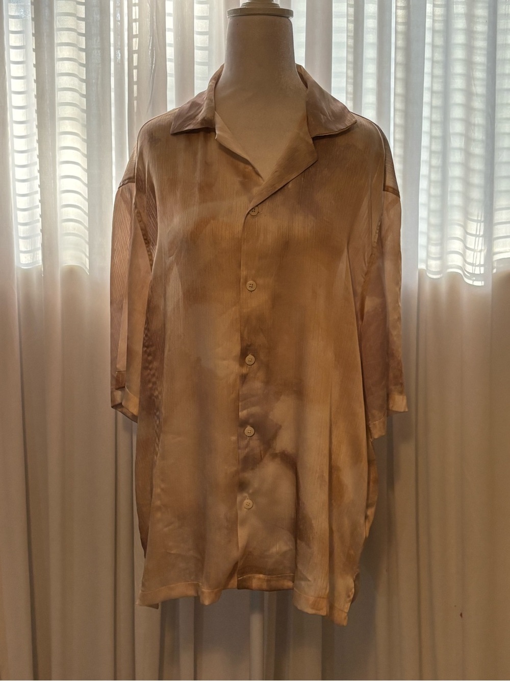 Zara Man Tan Brown White Tie Dye Camp Collar Short Sleeve Button Up Shirt M